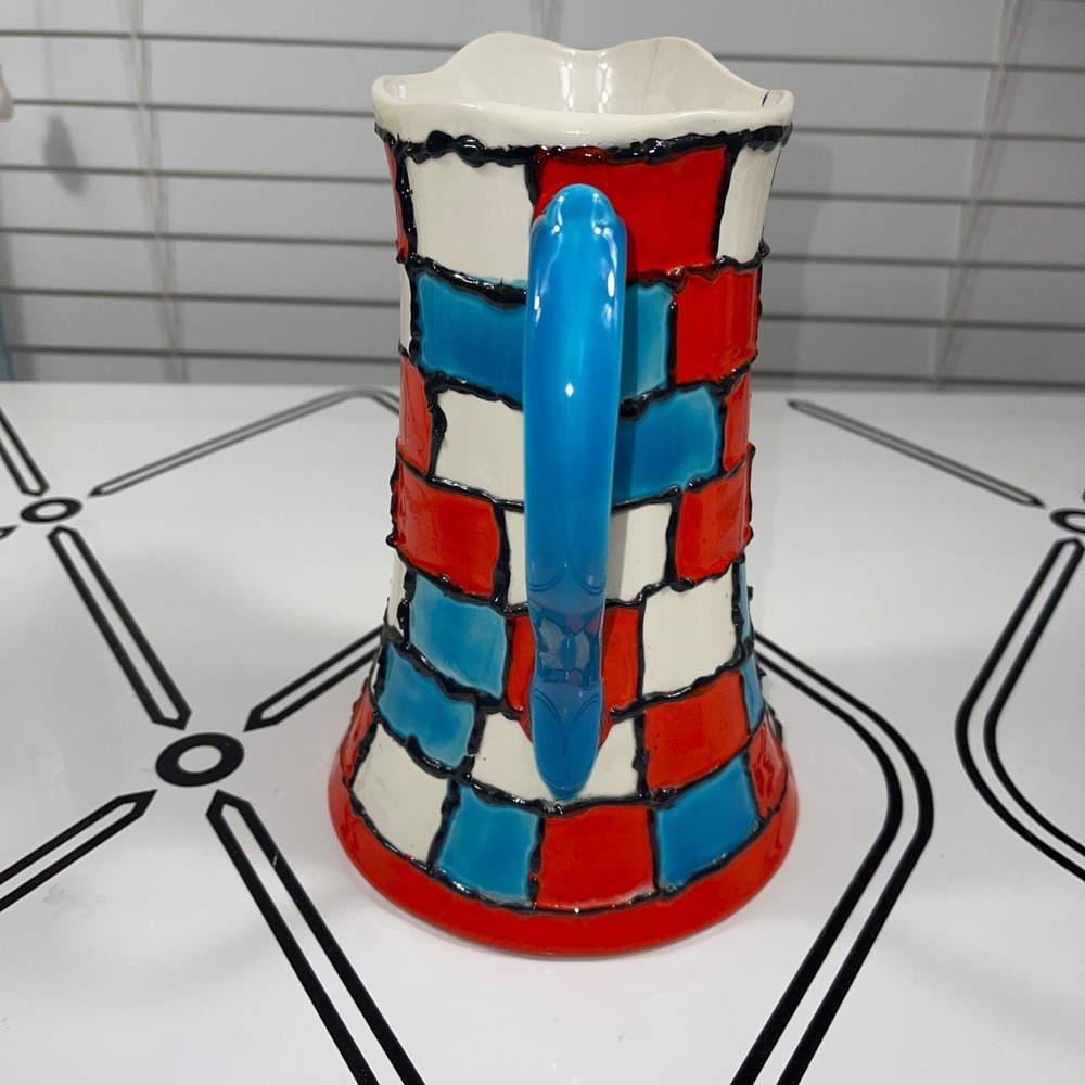Handmade Ceramic Checkered Pitcher Red & Turquoise Blocks 9″ Studio Pottery Jug